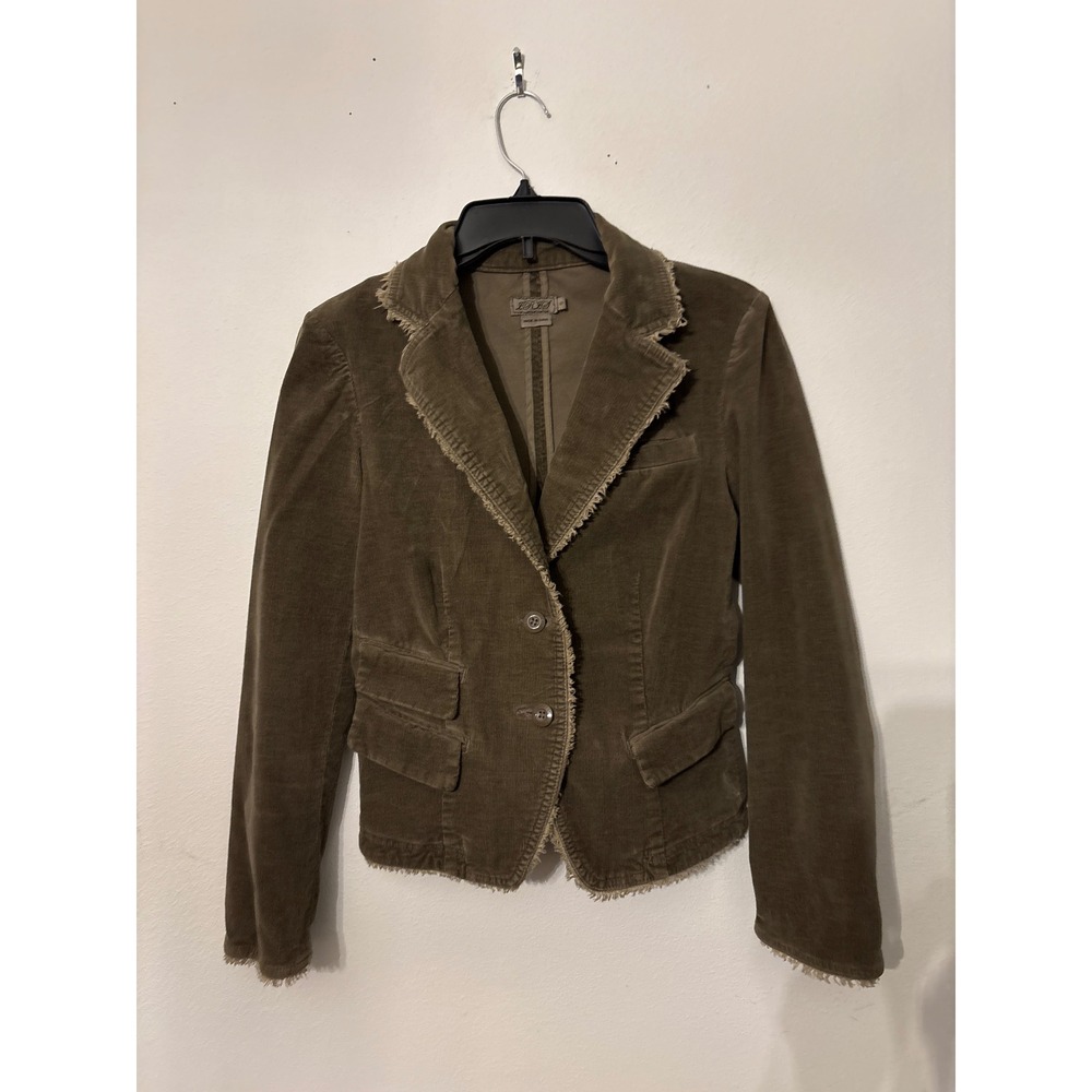 IRIS Corduroy Blazer Womens Small Olive Green Excellent Fringed Raw Edge Trim